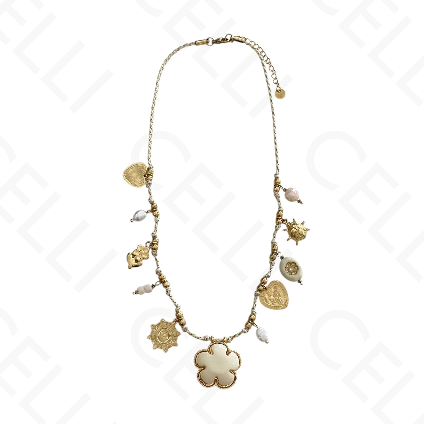 Colar de aço - fio de algodão, multi pendentes, flor