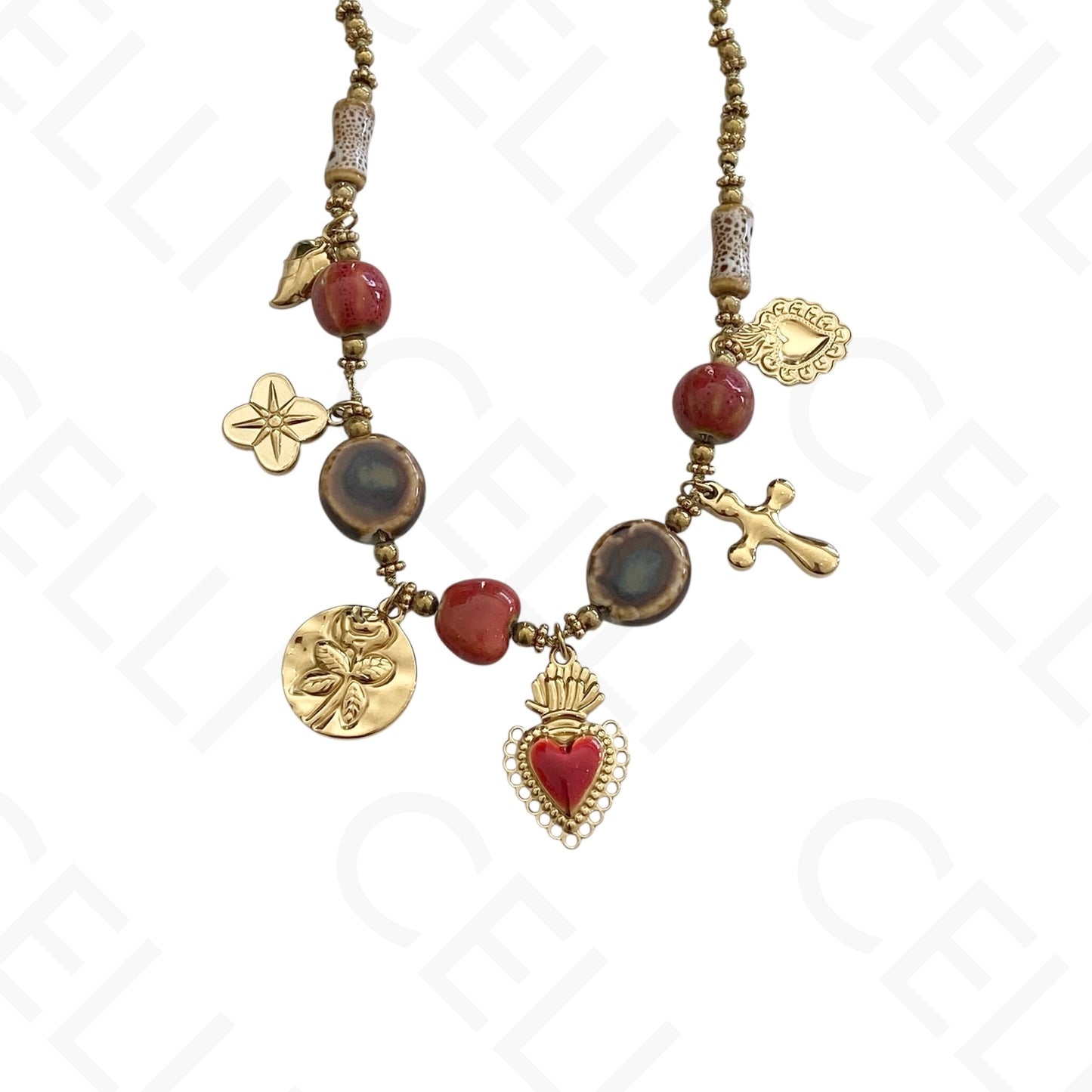 Collar de acero - cuentas de cerámica, múltiples colgantes, sagrado corazón
