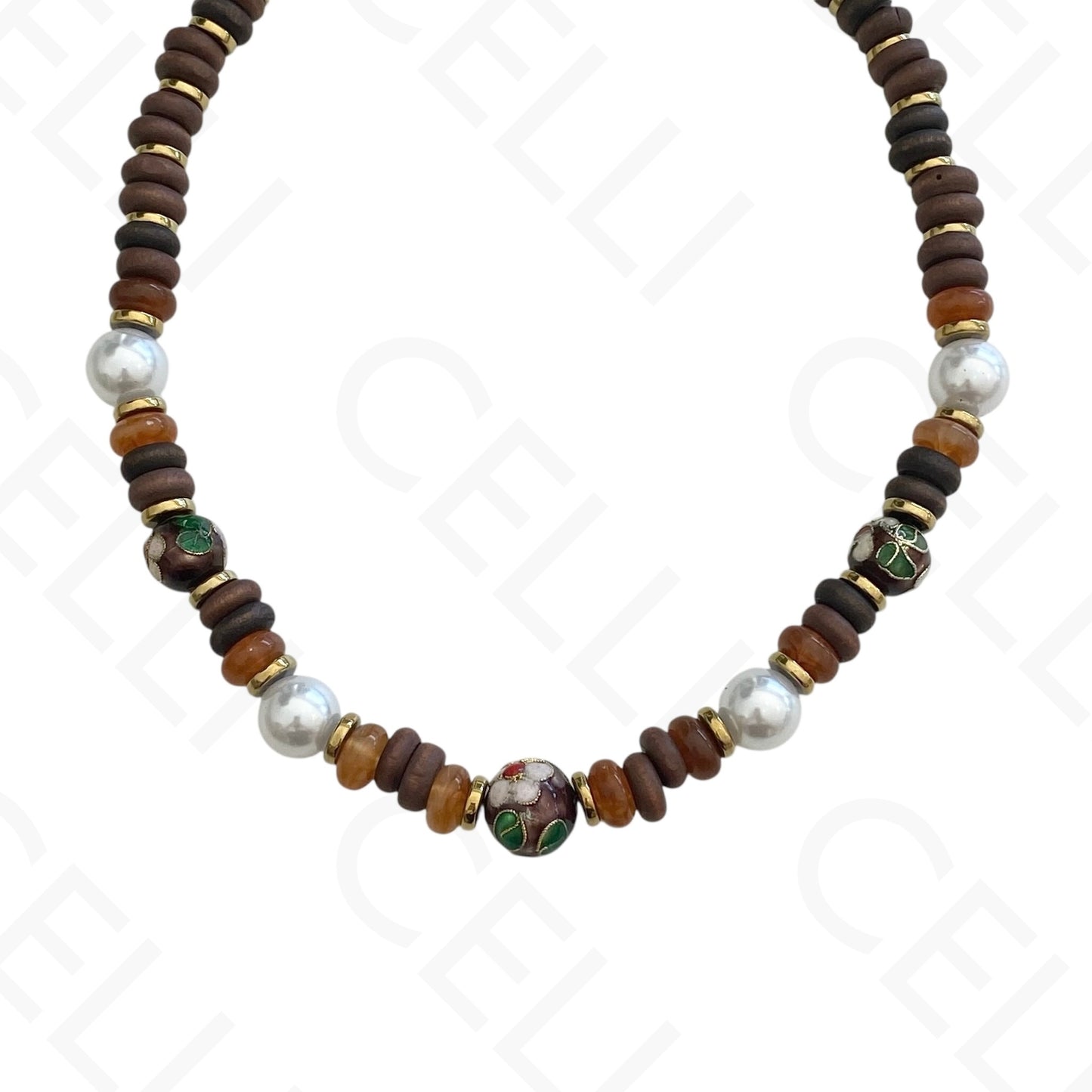 Colar de aço - discos de madeira, bola esmaltada