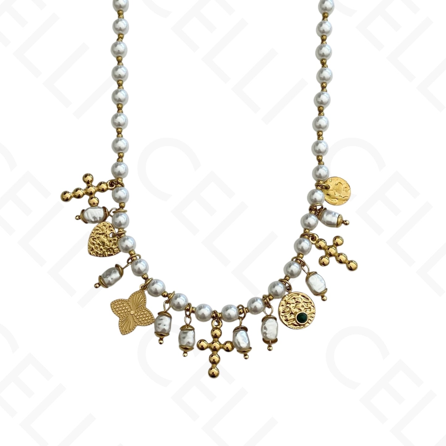 Collar de acero - perlas, múltiples colgantes cruces