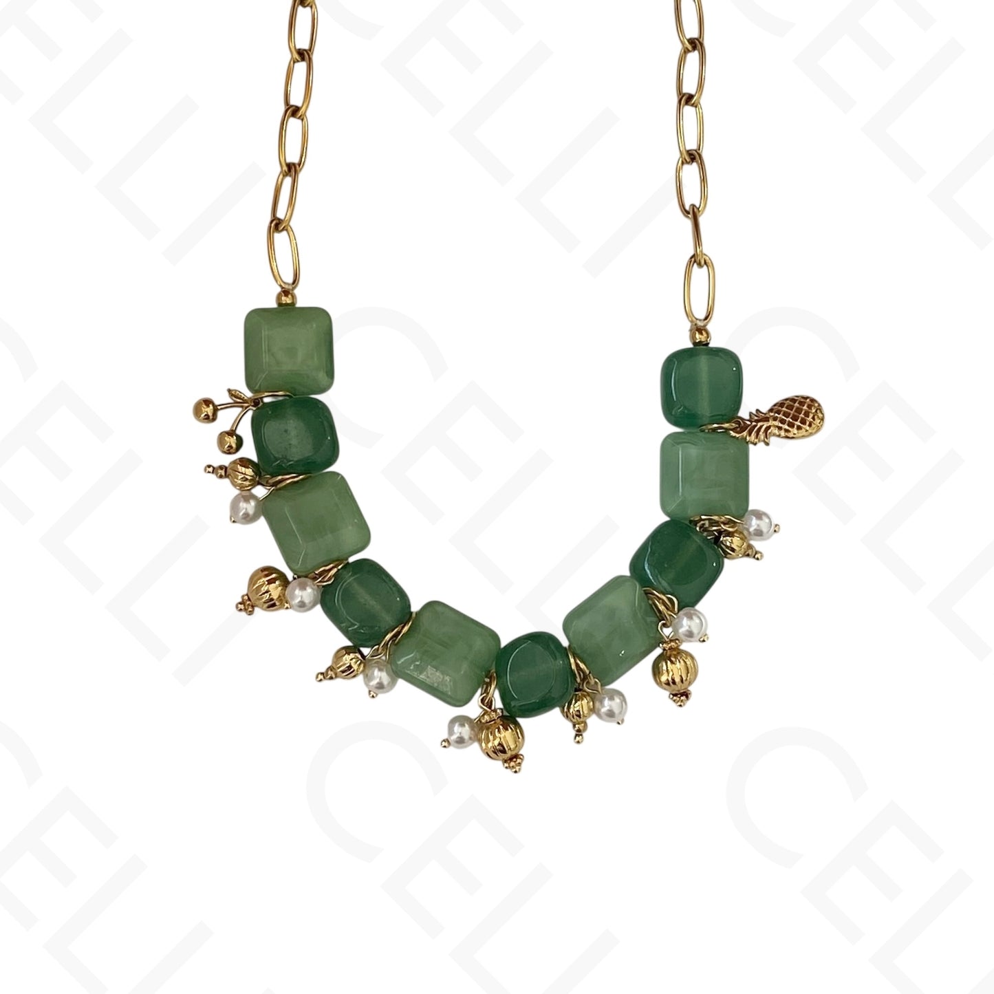 Collar de acero - piedras naturales verdes con colgantes