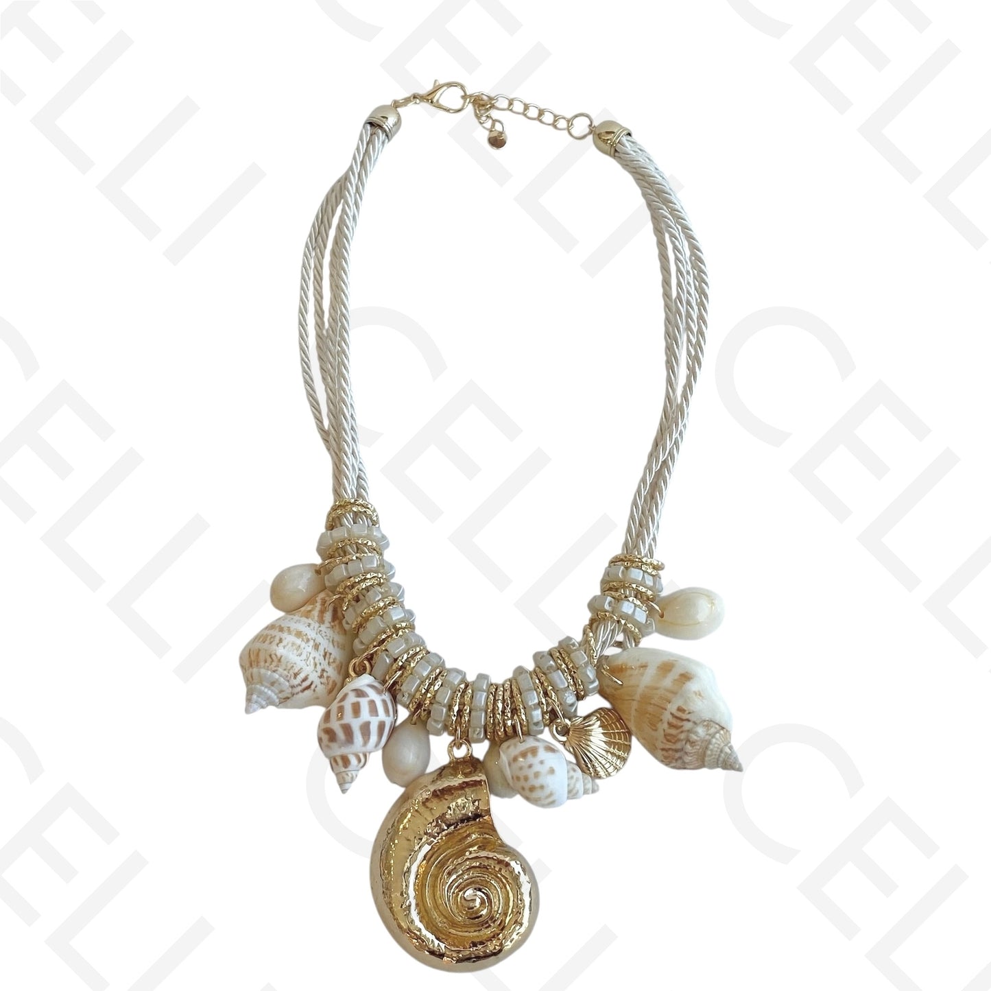 Colar de moda - cordão com búzios naturais e pendente de búzio