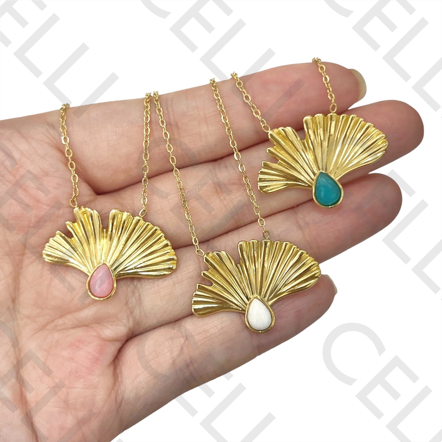 不锈钢项链 - 带天然石的叶子吊坠