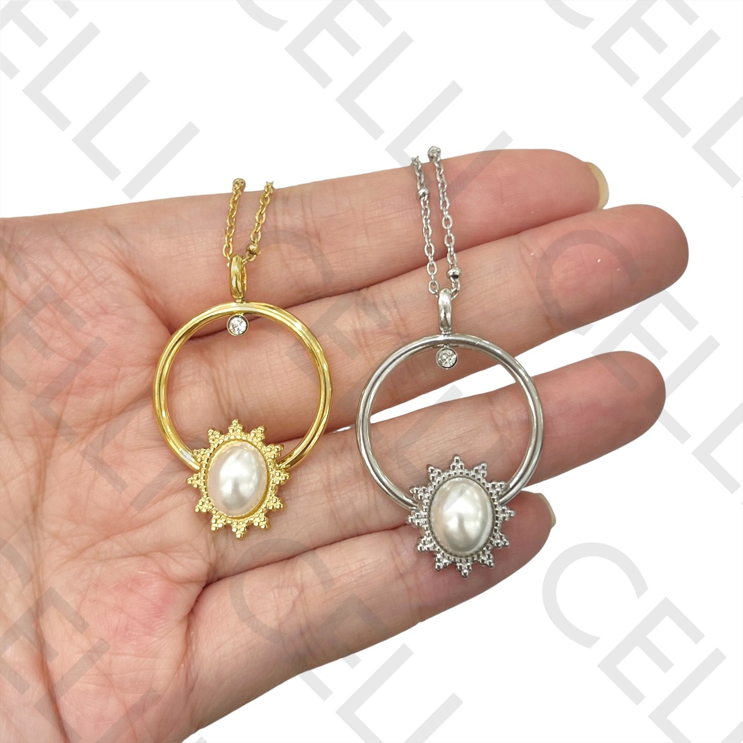 不锈钢项链 - 带珍珠的太阳