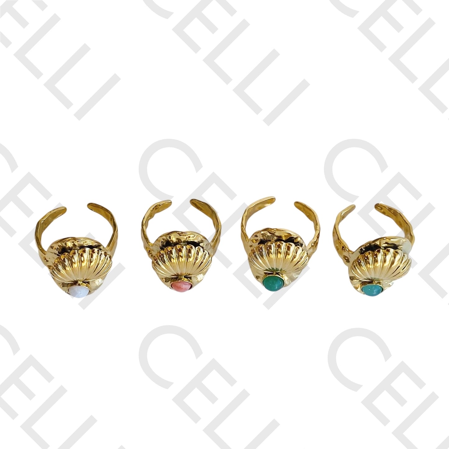 钢制戒指 - 带天然石的贝壳