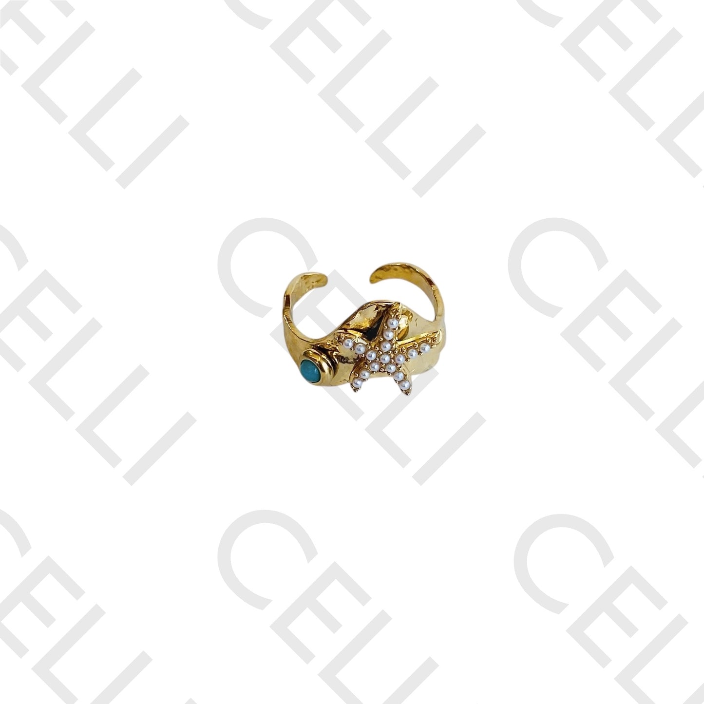 Anillo de acero - estrella de mar con perlas y piedra natural