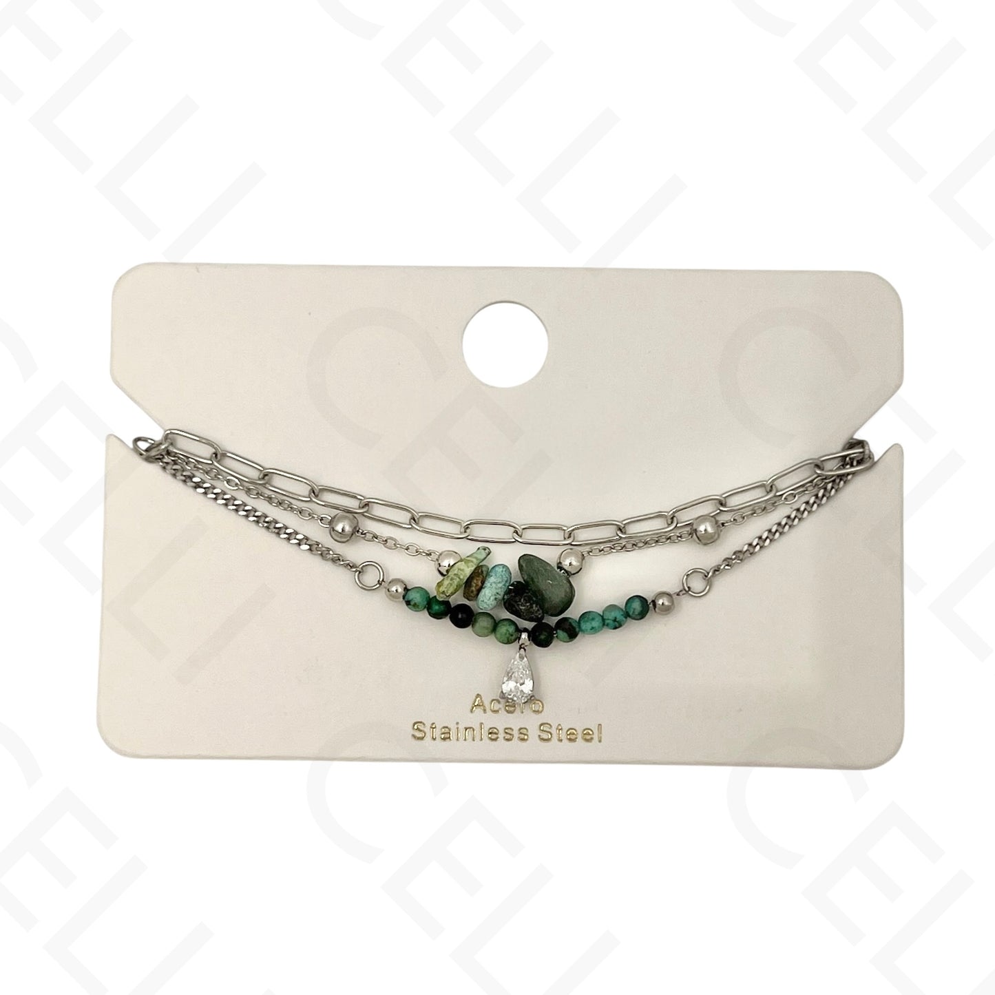 Pulseira de aço - triplo com pedras naturais e brilhante de gota