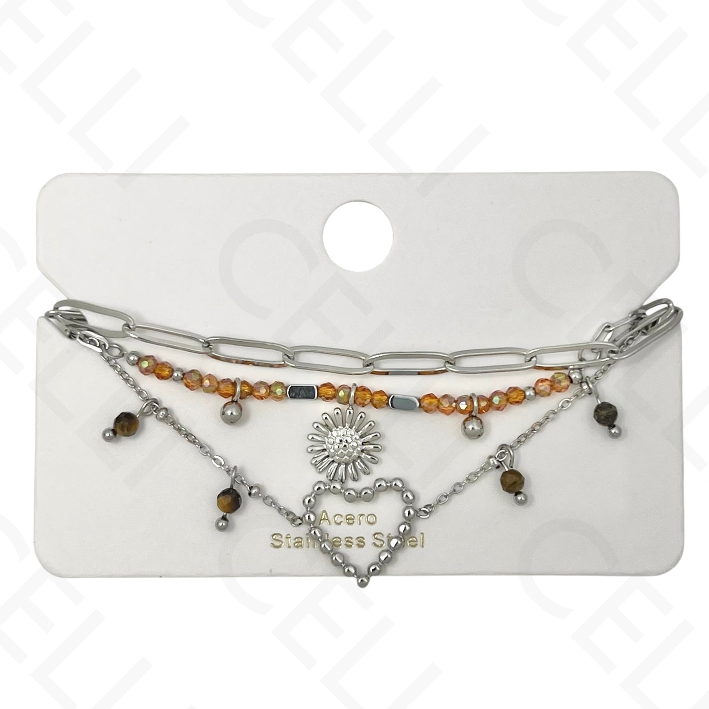 Pulseira de aço - triplo com pedras naturais, coração e girasol