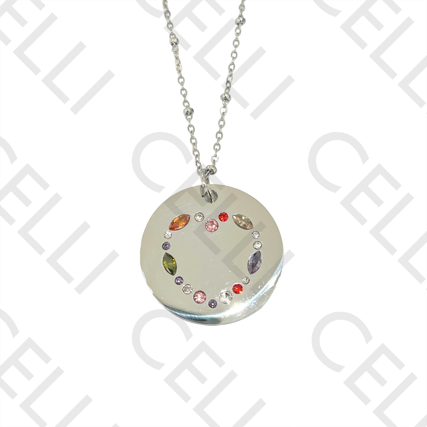 Colar de Aço (malha oval achatada com bolinhas) - medalha brilhantes coloridos cruz / coração