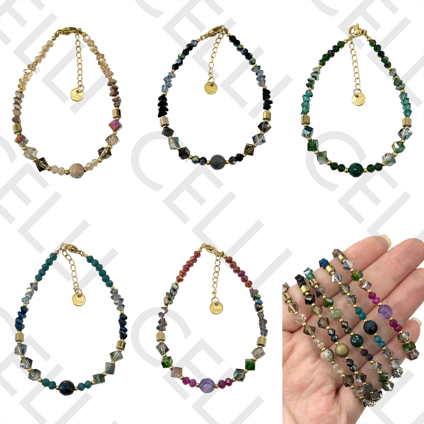 不锈钢手链 - 刻面水晶和天然石头