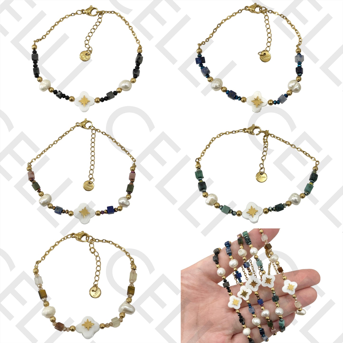 不锈钢手链 - 切面水晶、天然石头、淡水珍珠和母贝四叶草