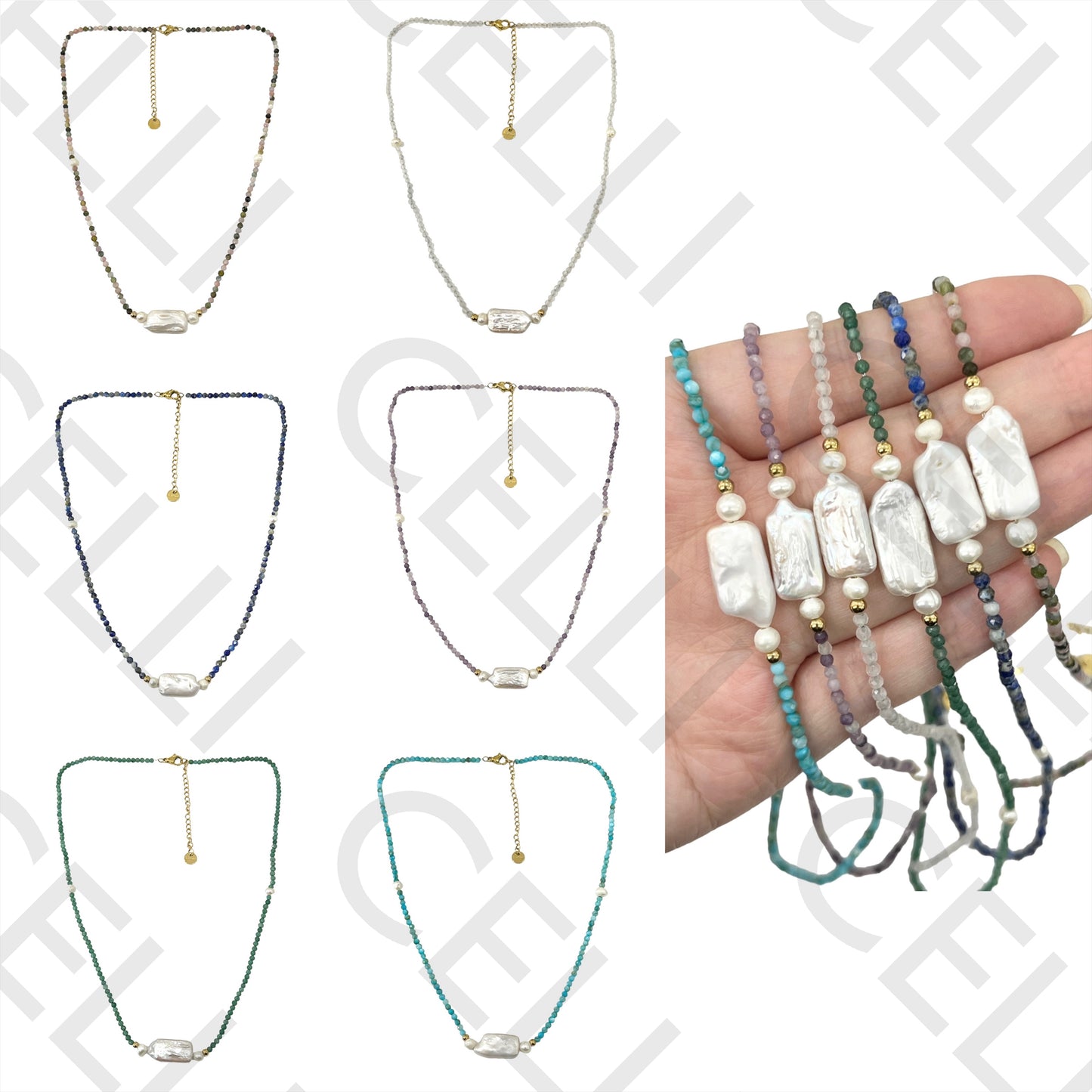 Colar de Aço (corrente & argolas soldadas) - pedra natural facetadas e pérolas de água doce (comprido e redondos)