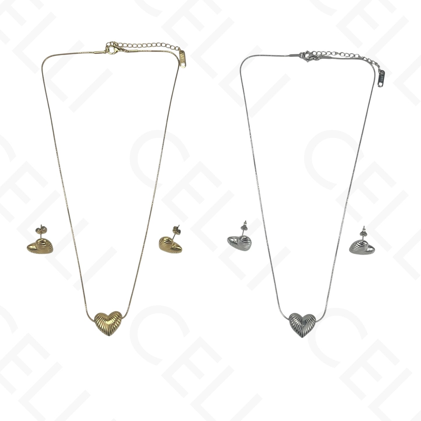 Colar/Brinco de aço - coração trabalhado