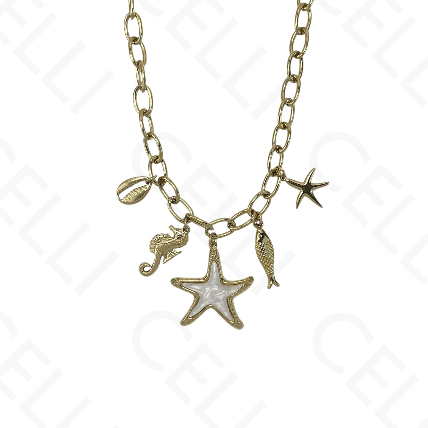 Steel necklace - marine elements. Seahorse - starfish - fish.