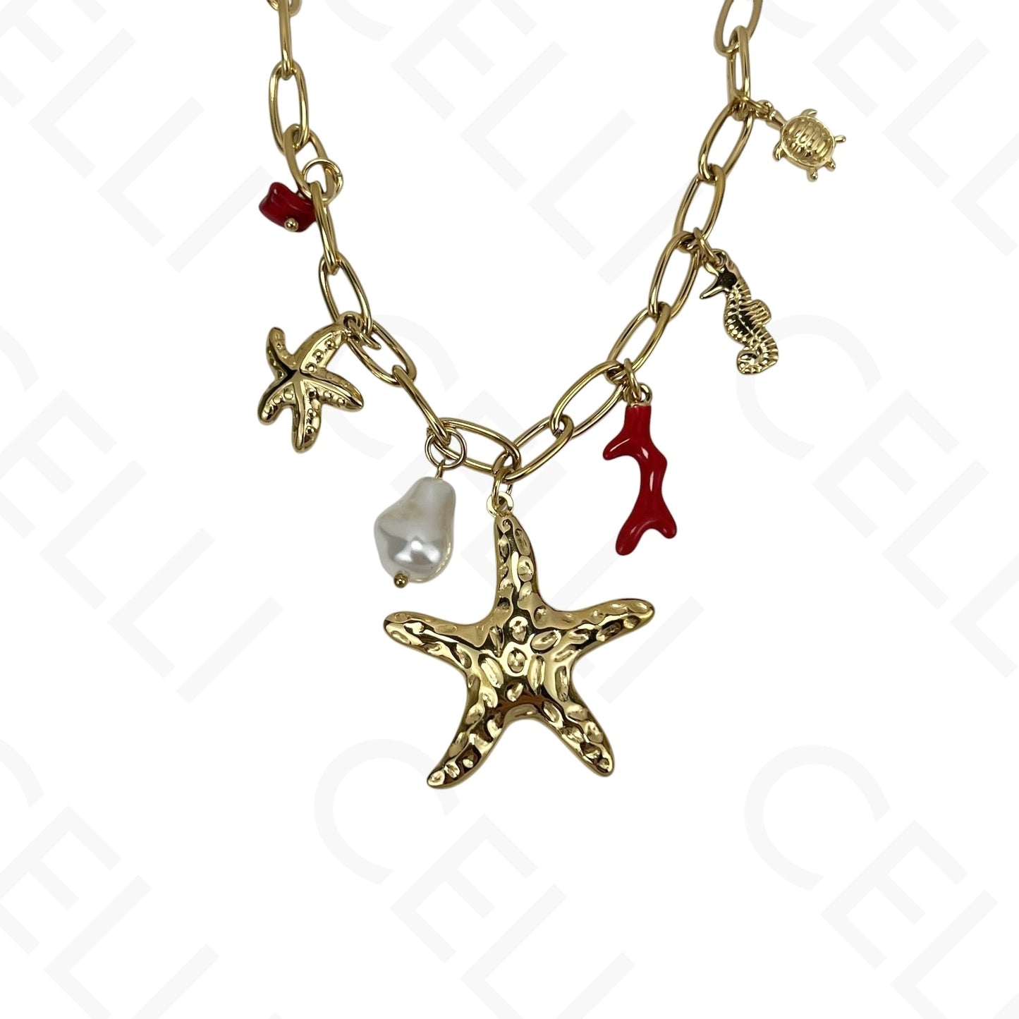 Steel Necklace - Red Enamel Coral, Starfish