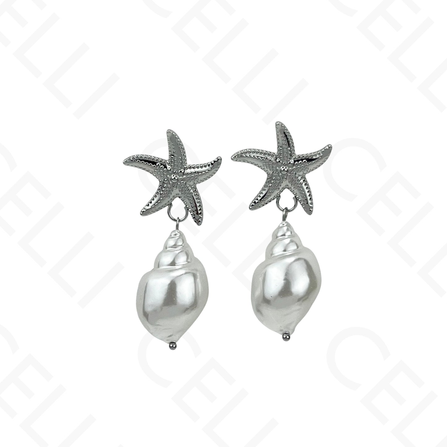 Brinco de aço - estrela do mar com pérola formato búzio
