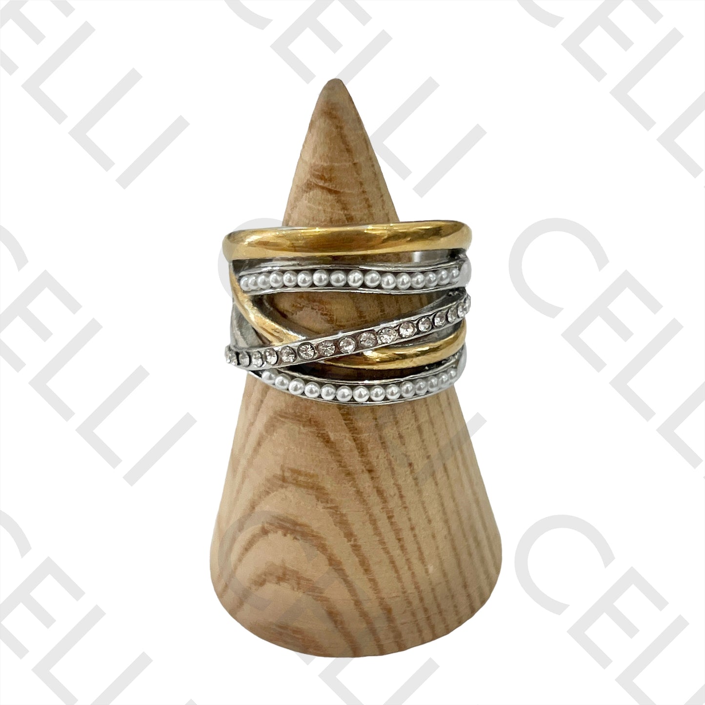 Anel de Aço (cor dupla) - pérolas e brilhantes