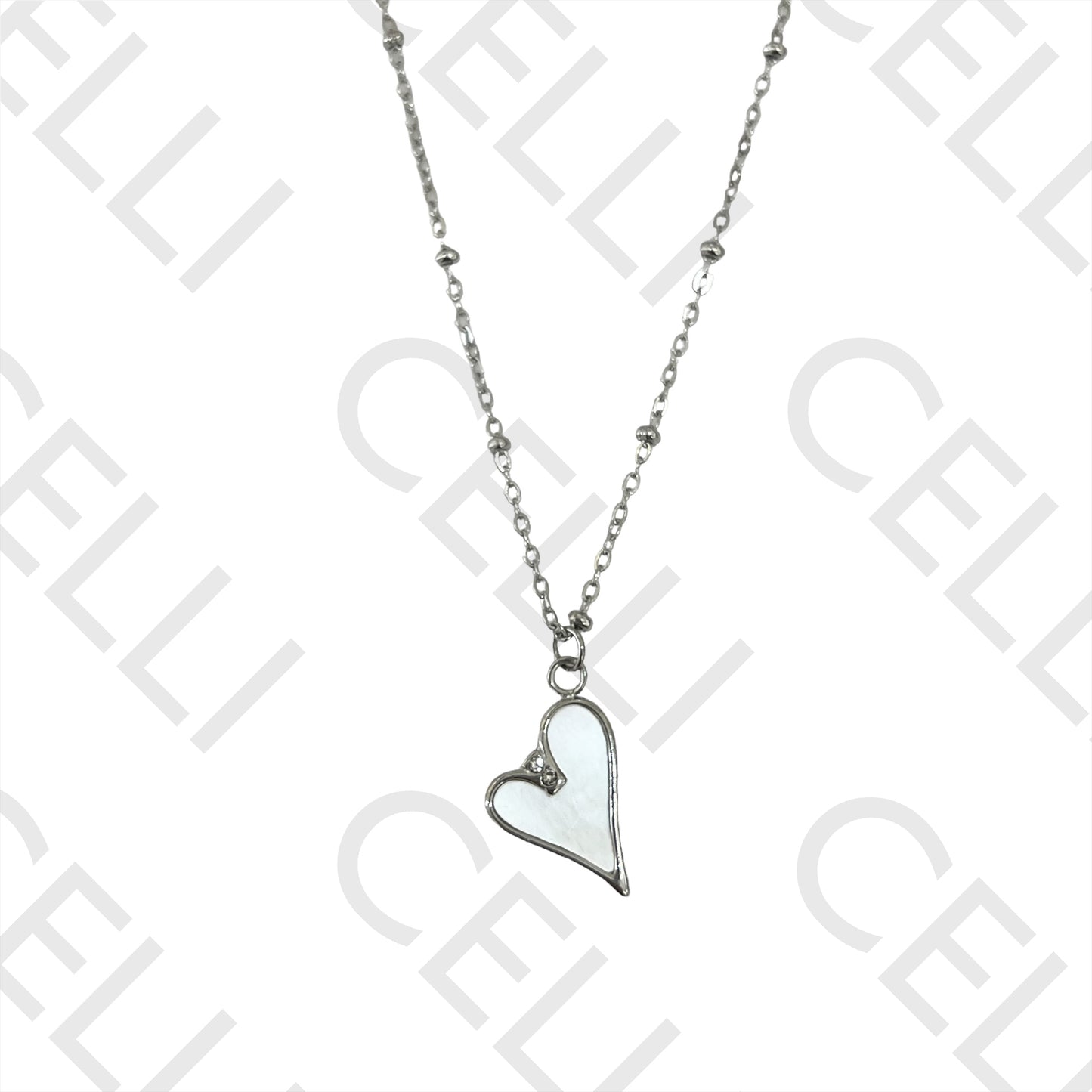 Colar de Aço (malha oval achatada com bolinhas) - medalha coração com madrepérola e brilhantes