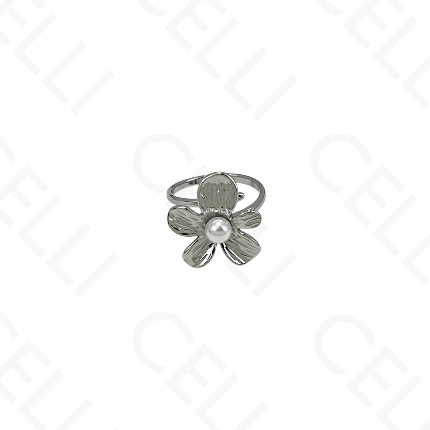 Anillo de Acero Ajustable - flor con perla