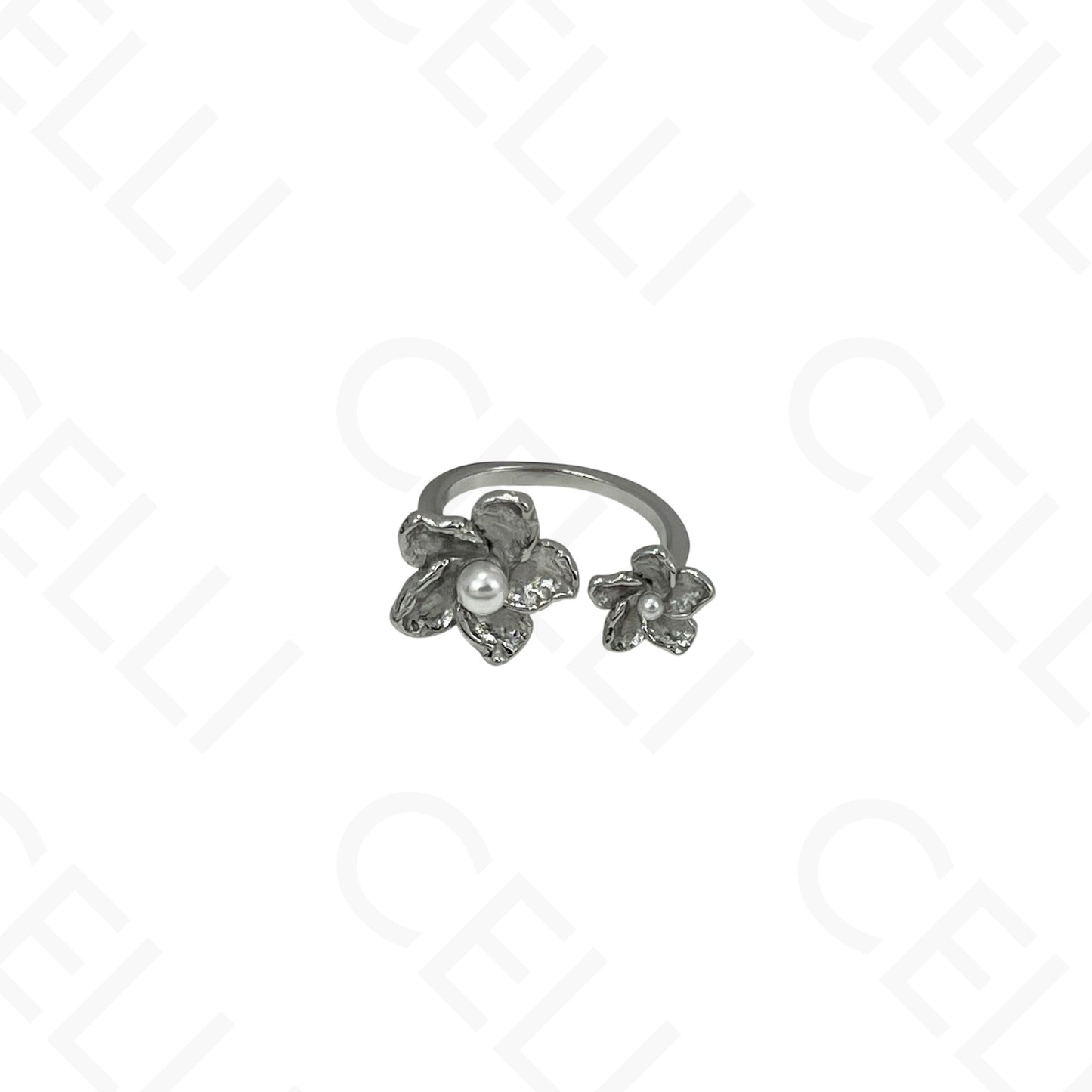 Adjustable Steel Ring - two flowers with pearls