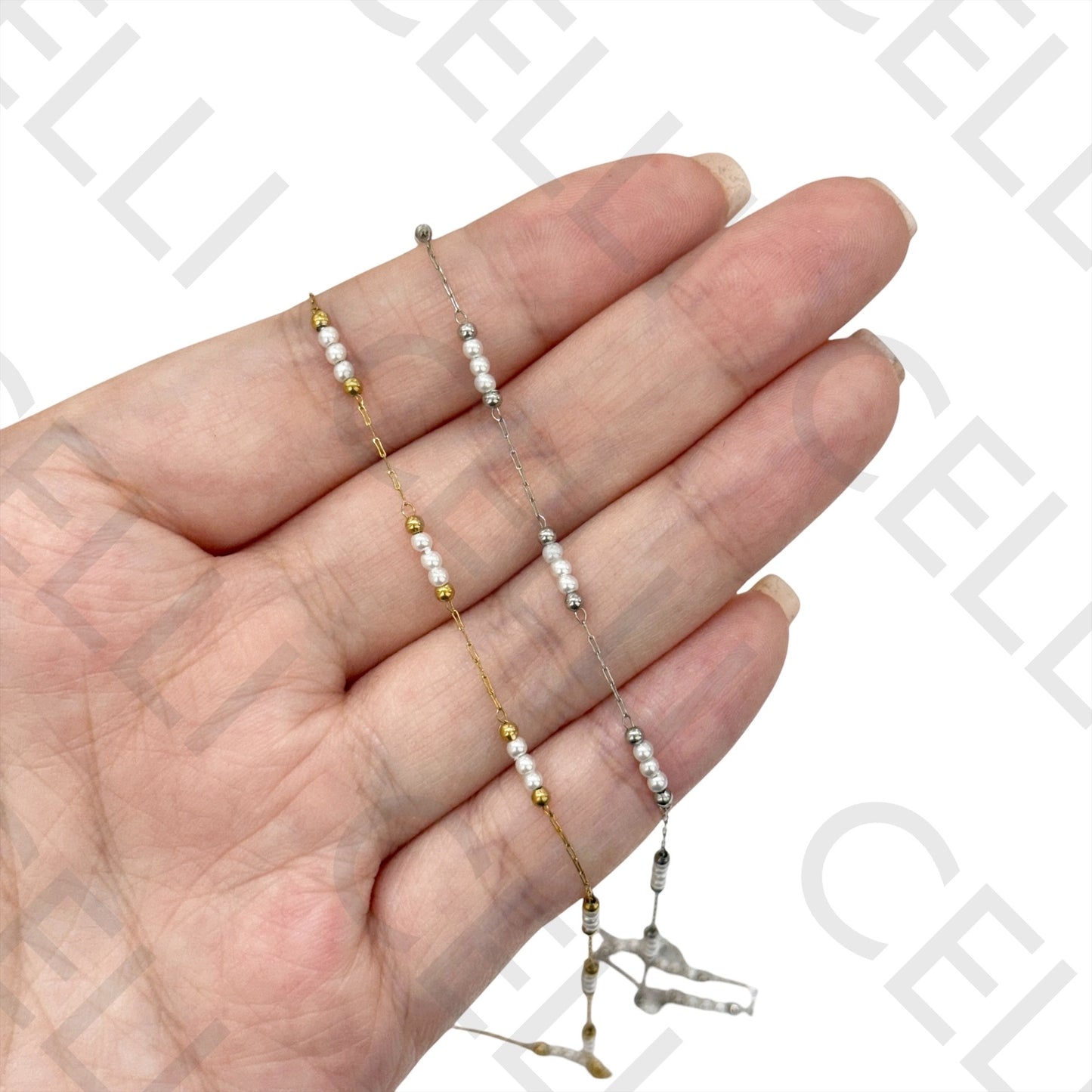 Colar/pulseira/tornozeleira de aço - pérolas e bolas de aço