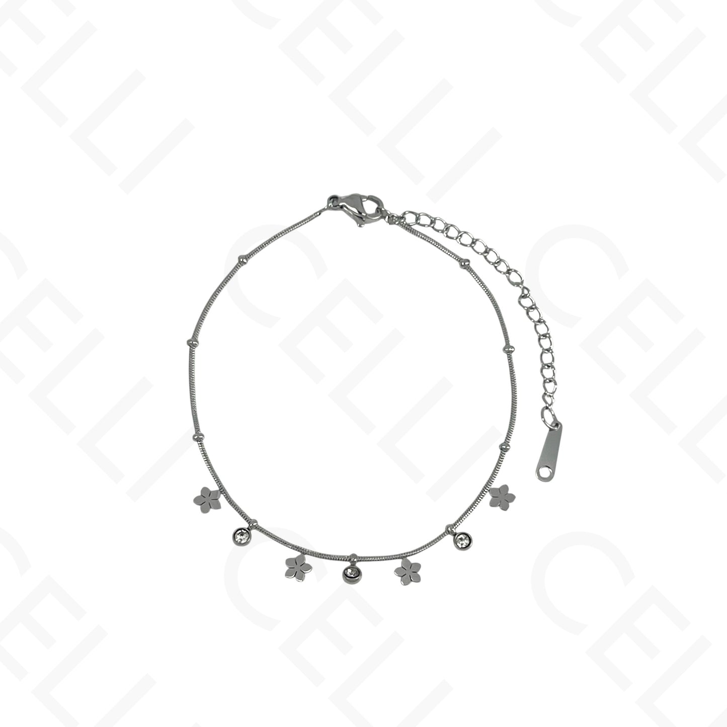 Colar/Pulseira de aço - mini flores com brilhantes