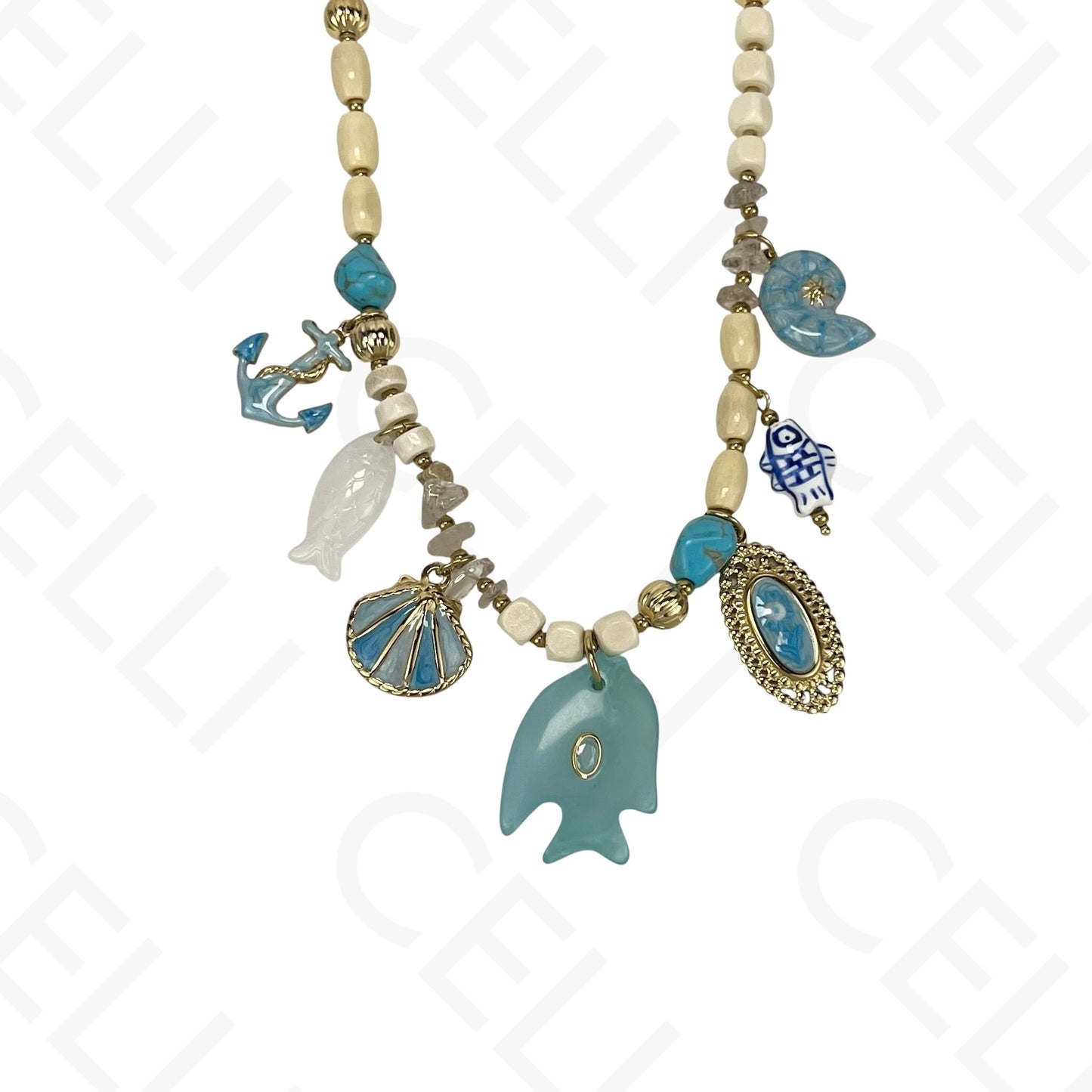 Steel Necklace - Stone Fish and Enamel Pendants