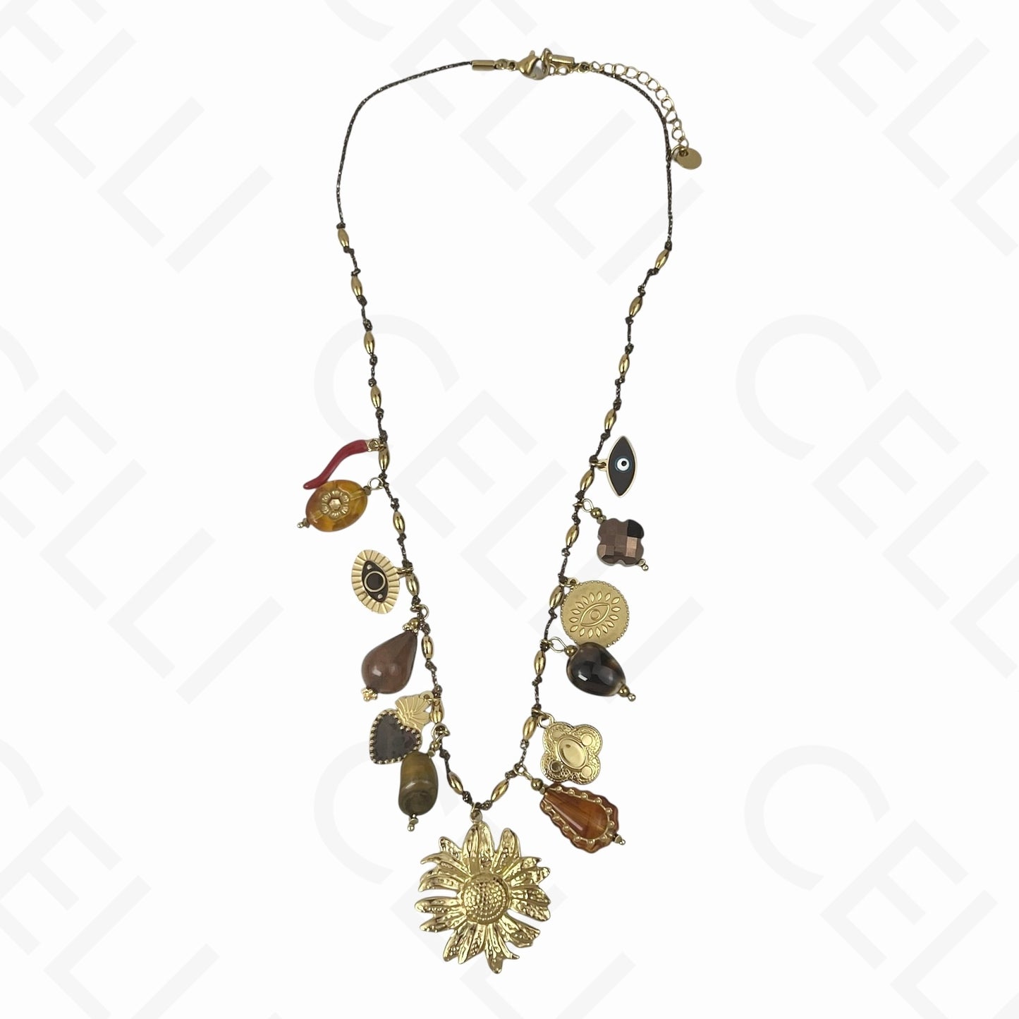 钢制项链 - 多吊坠,花朵,棉线