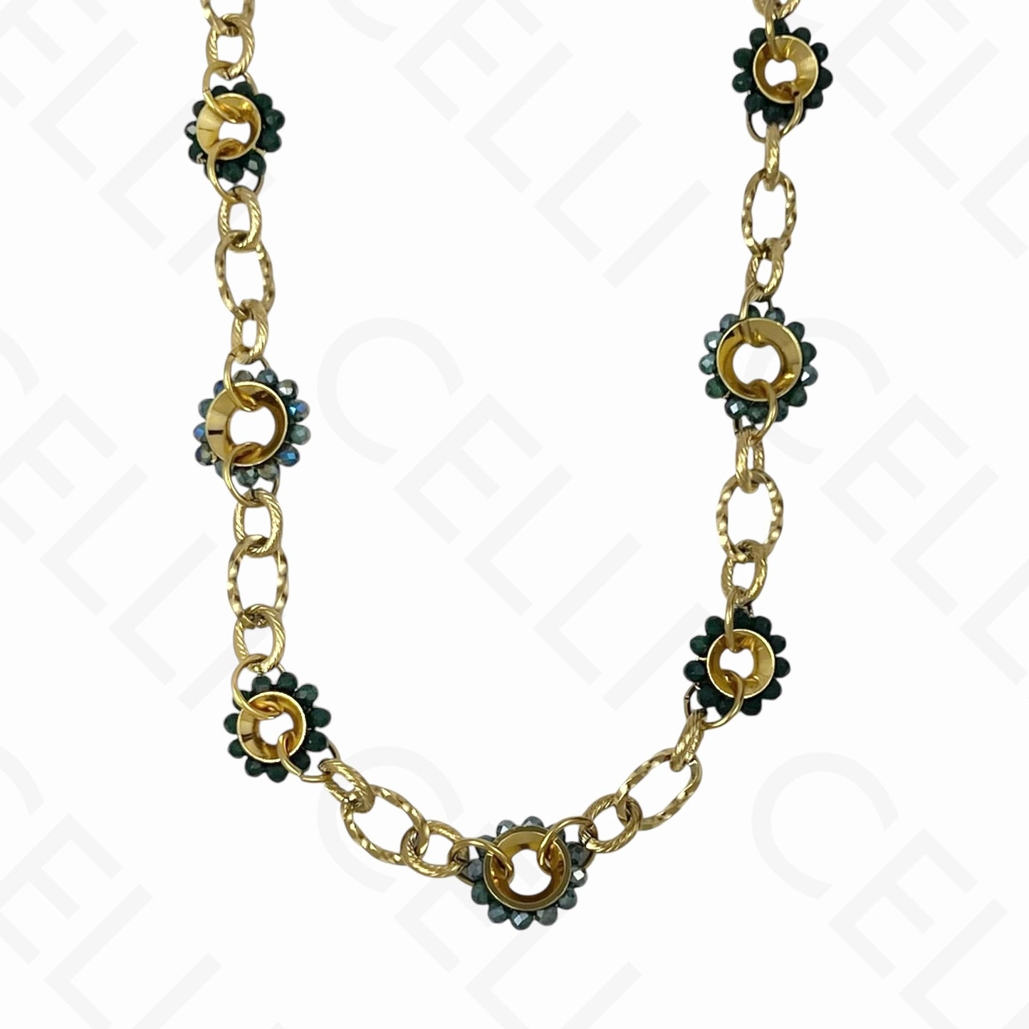 Colar de aço - círculos de cristais facetados, malha lisa (4 cores)