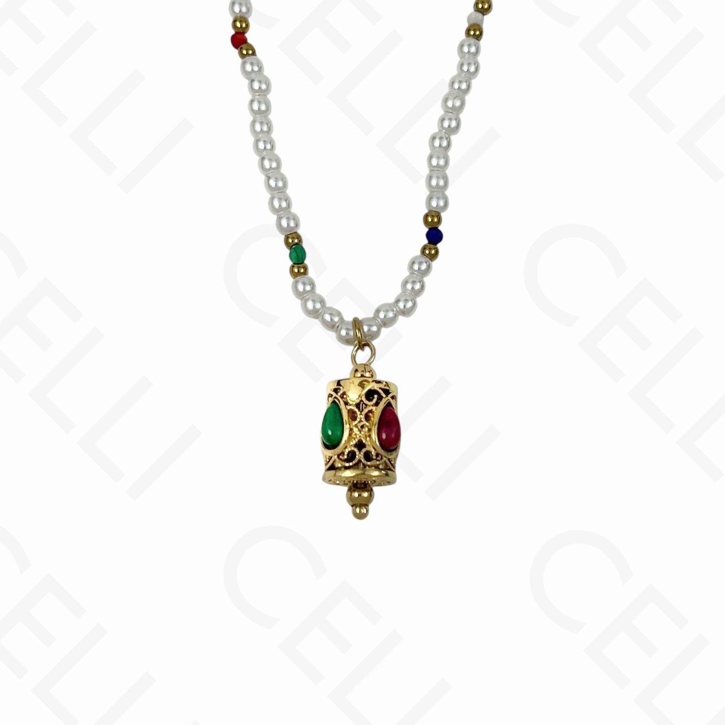 Steel necklace - natural stones and pearls, pendant