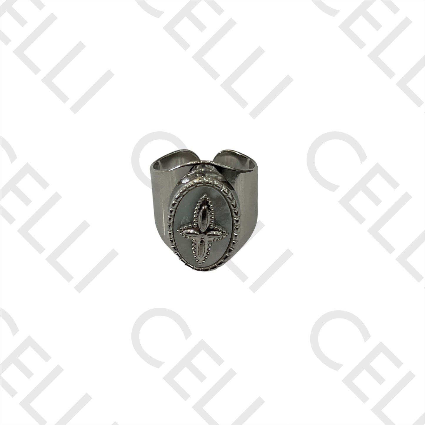 Steel Ring - Oval Mother-of-Pearl with Star