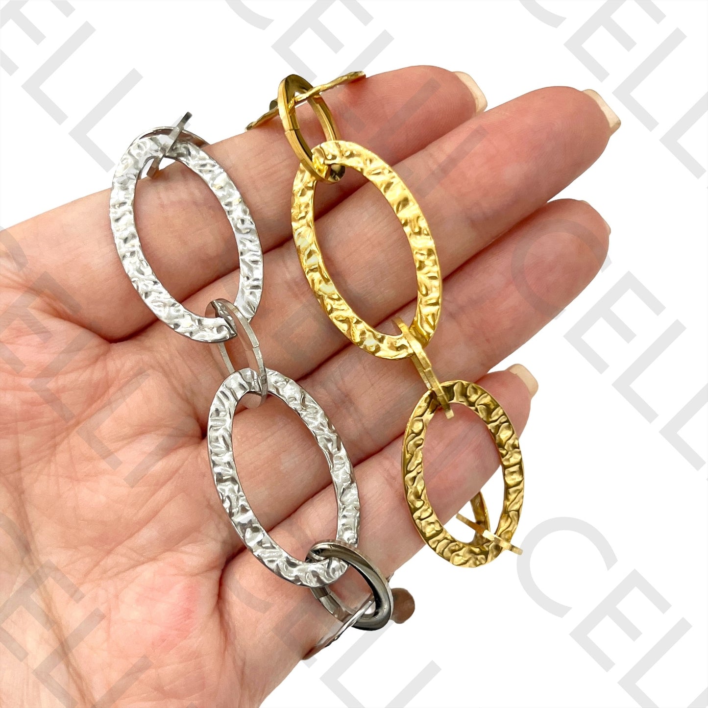 项链/手链/耳环 - 锤打椭圆形不锈钢