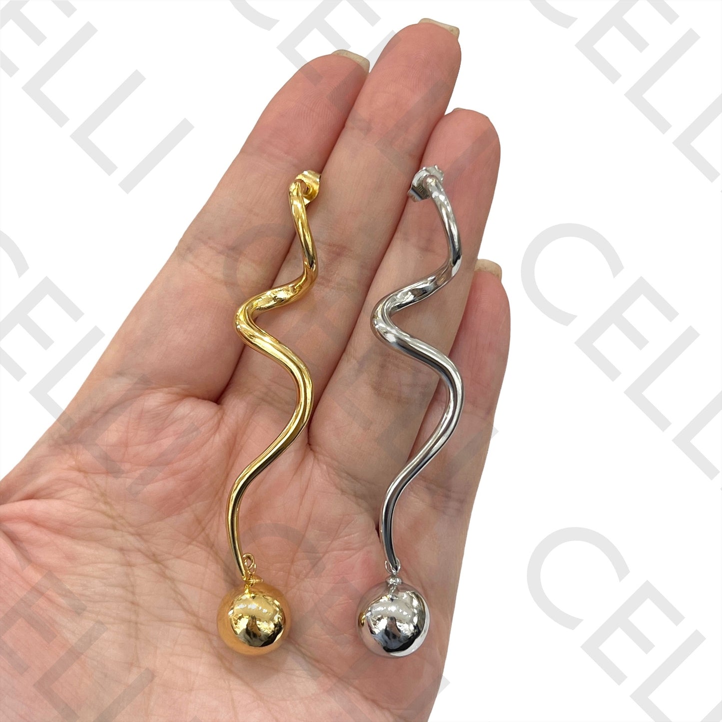 不锈钢耳环 - 长款带球形吊坠