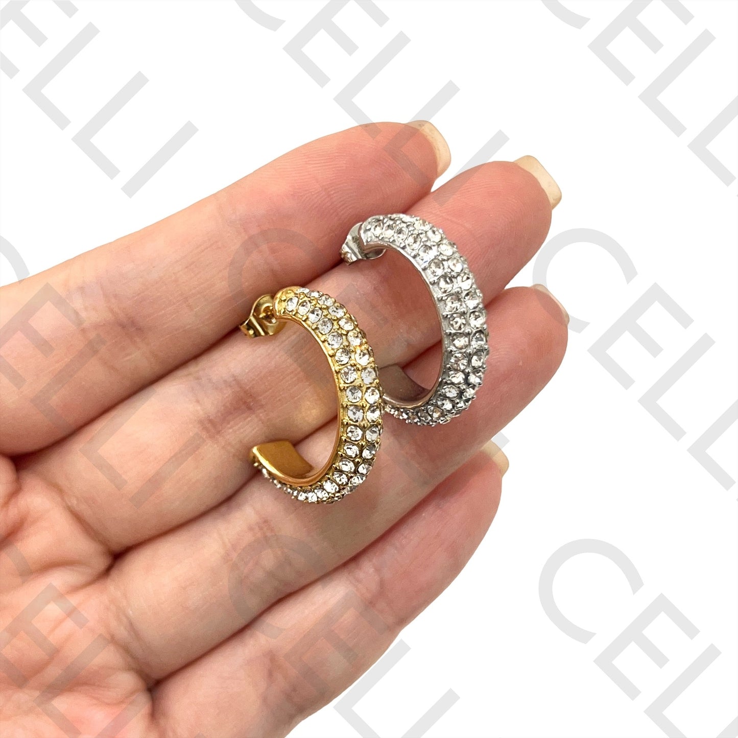 不锈钢耳环 - 镶钻圆环