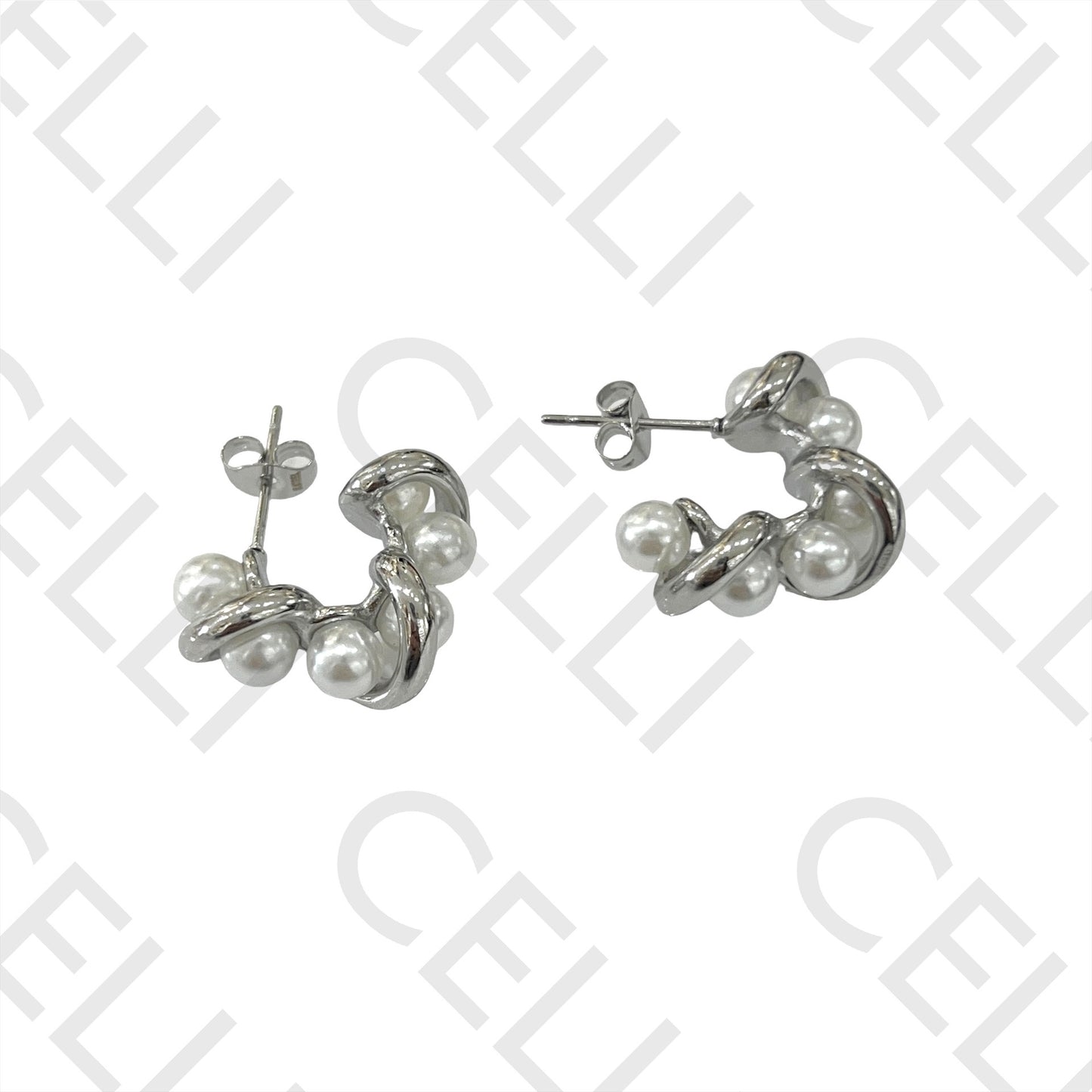 钢制耳环 - 中间带珍珠圆环