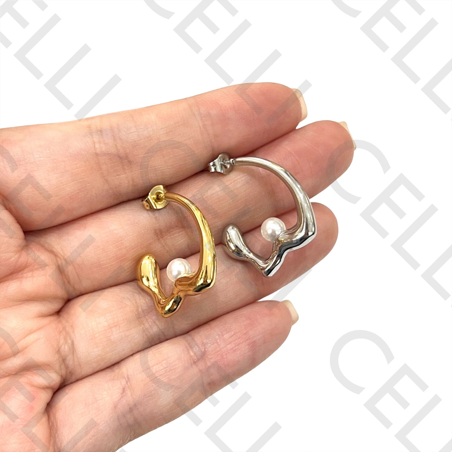 不锈钢耳环 - 带珍珠的圆环