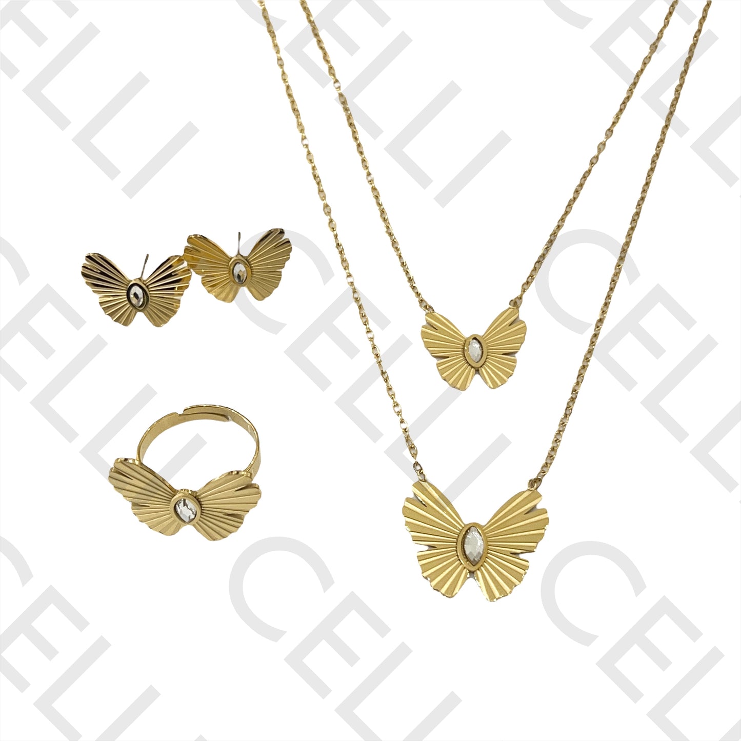 Conjunto de Colar, Brincos e Anel de Aço