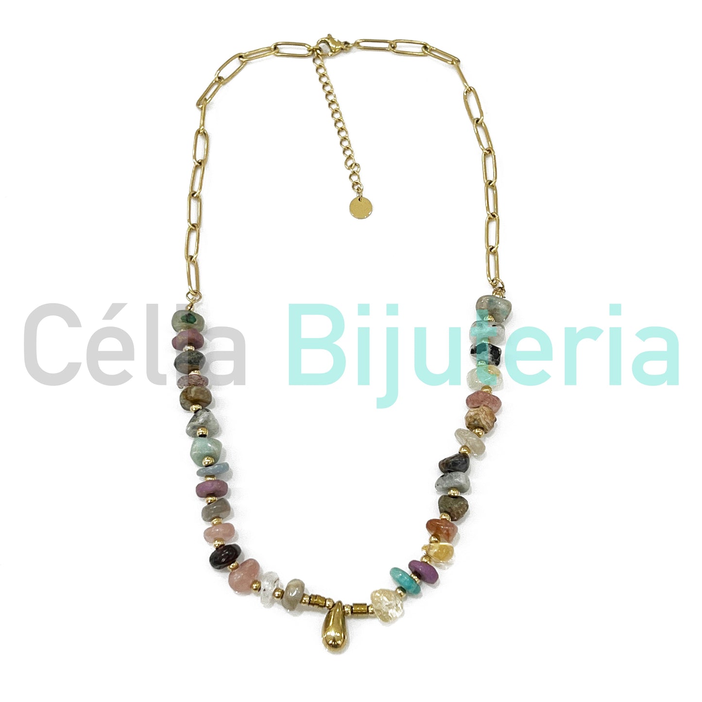 Colar de Aço com Pedras Naturais e Bolas de Aço