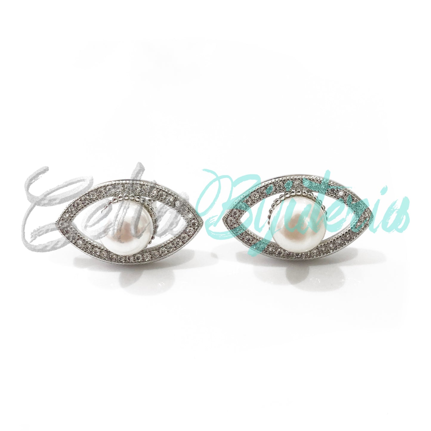 Brinco de Ródio com Zircônias - Olho com Pérola