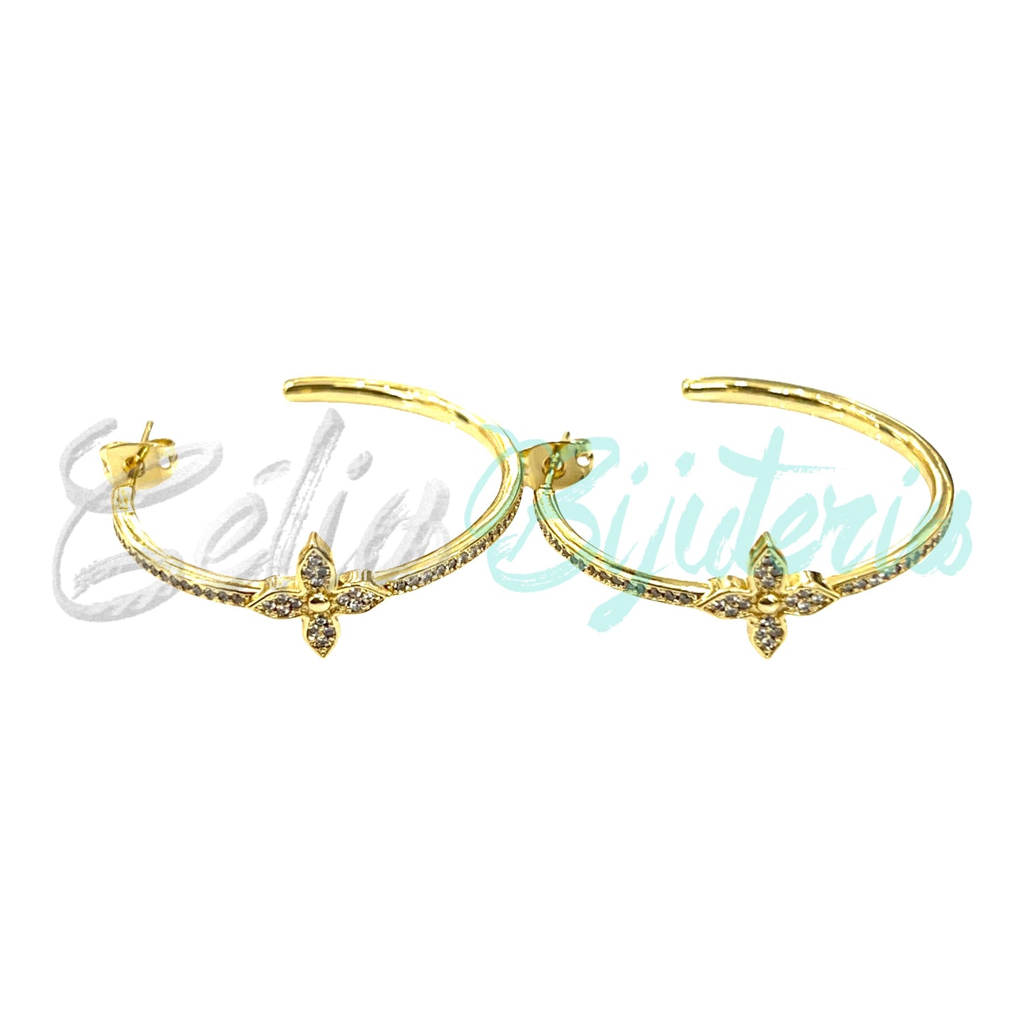 Brinco de Ródio com Zircônias - argola flor