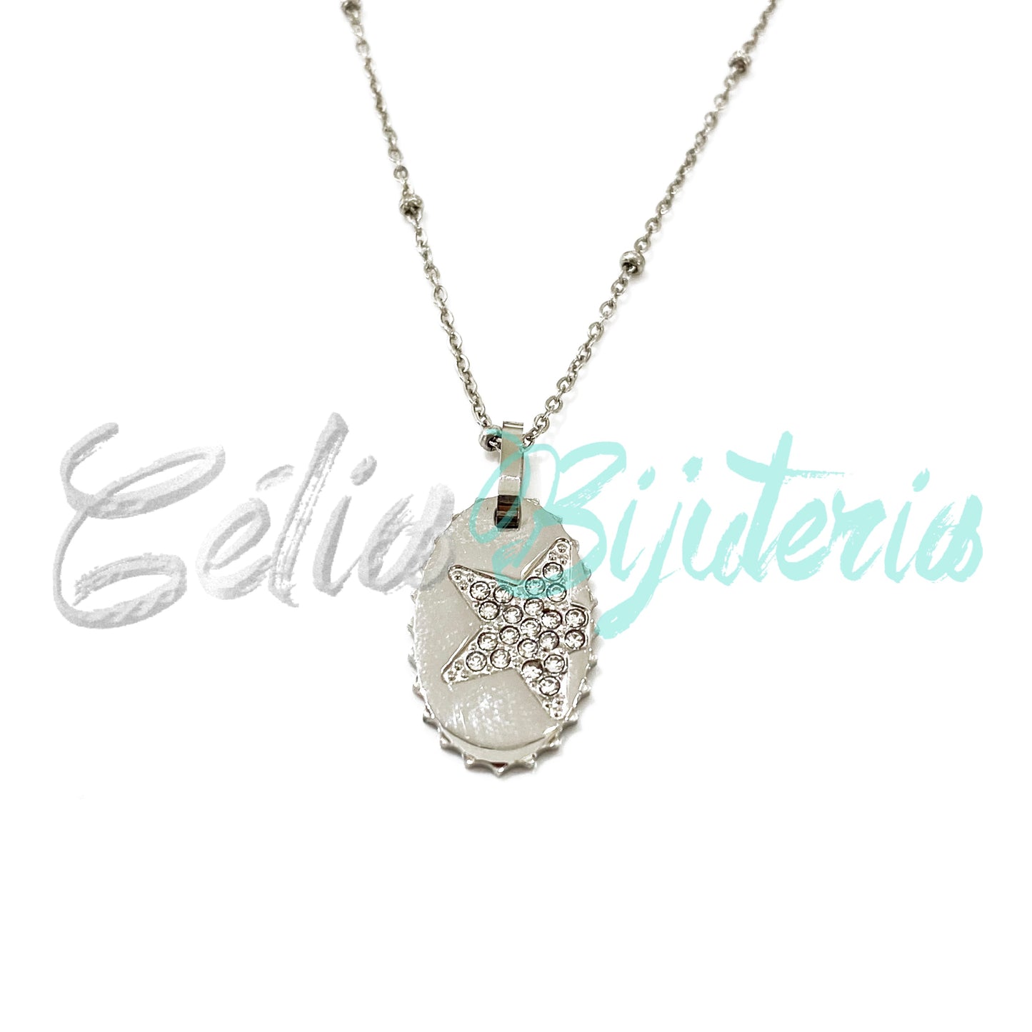 Colar de Aço com medalha com brilhantes - estrela