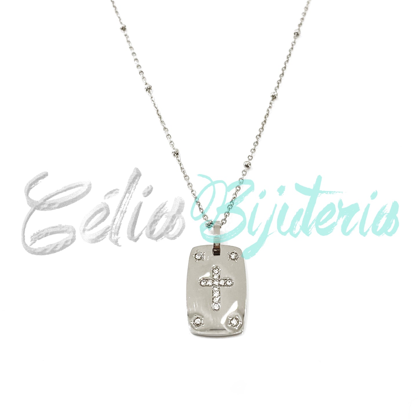 Colar de Aço com medalha com brilhantes - cruz