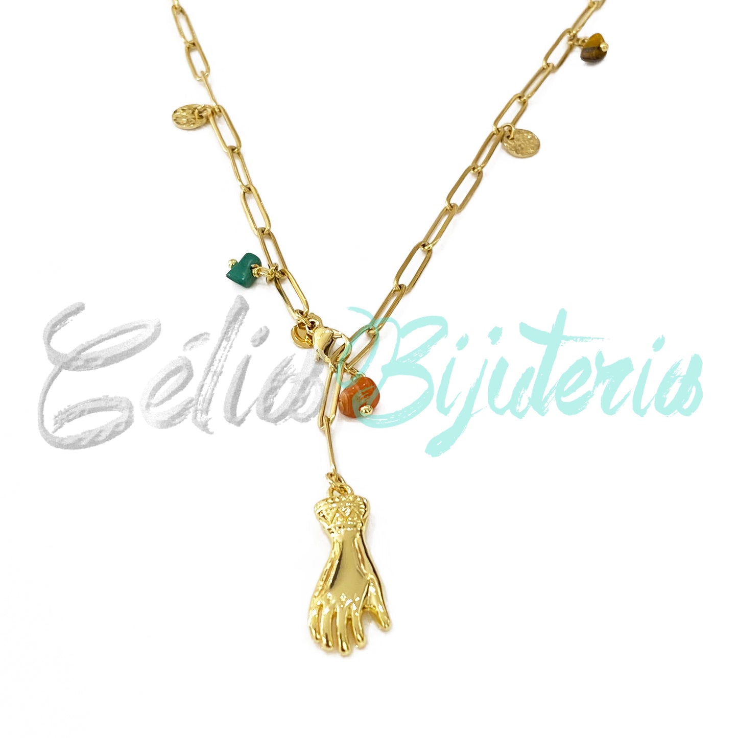 不锈钢项链,带有天然宝石和吊坠 - 手工