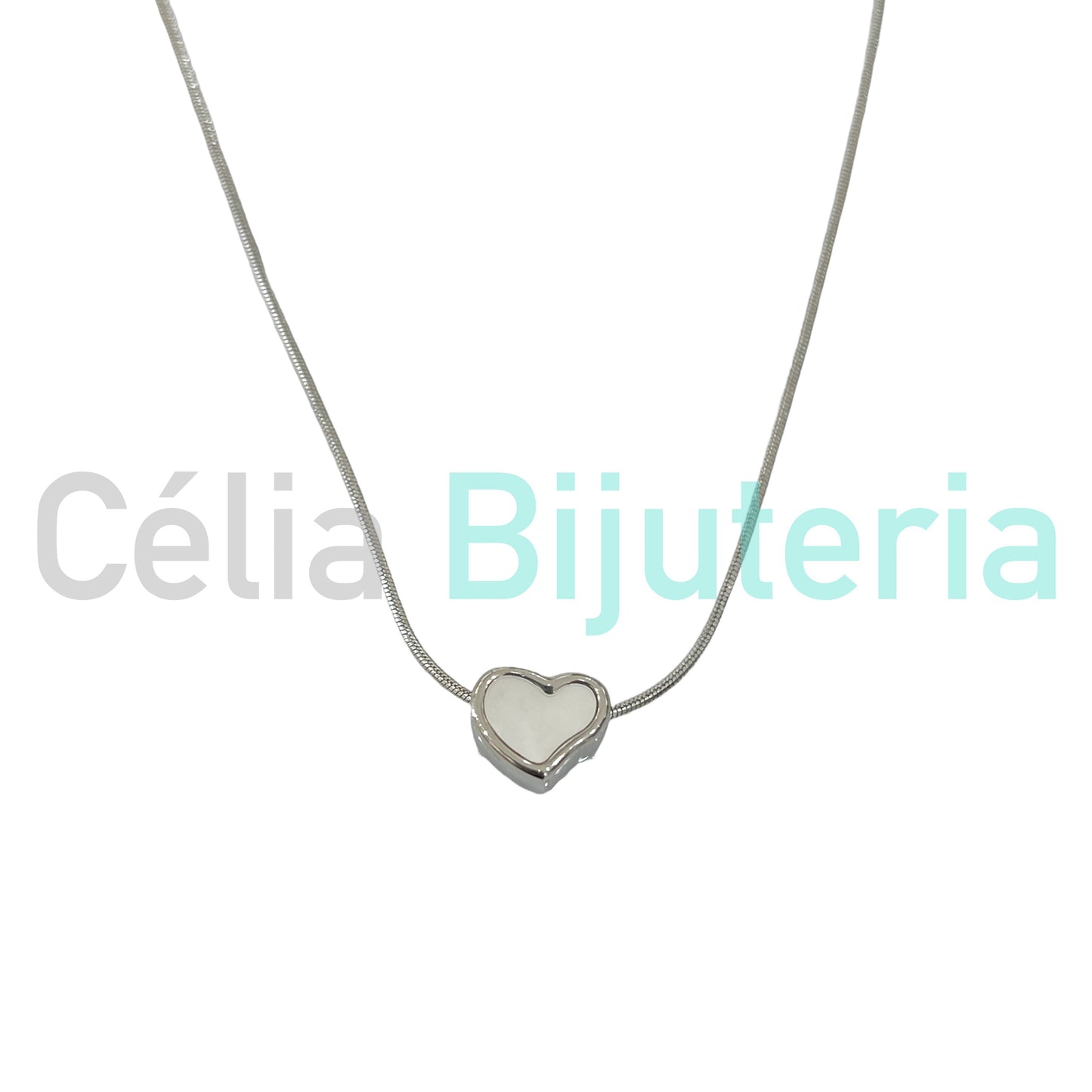 Colar de Aço - medalha coração com madrepérola