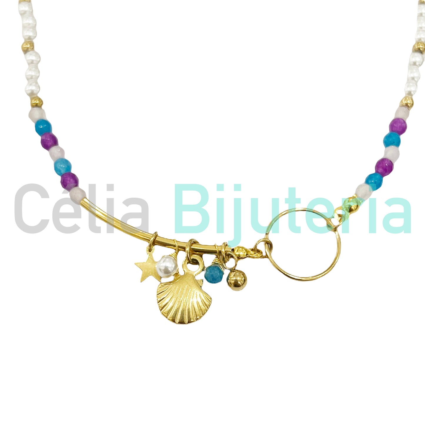 Colar de Aço com pérolas e cristais facetados - medalha concha