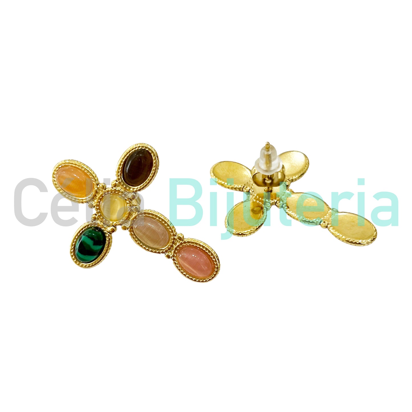 Brinco de Aço - cruz com pedras naturais