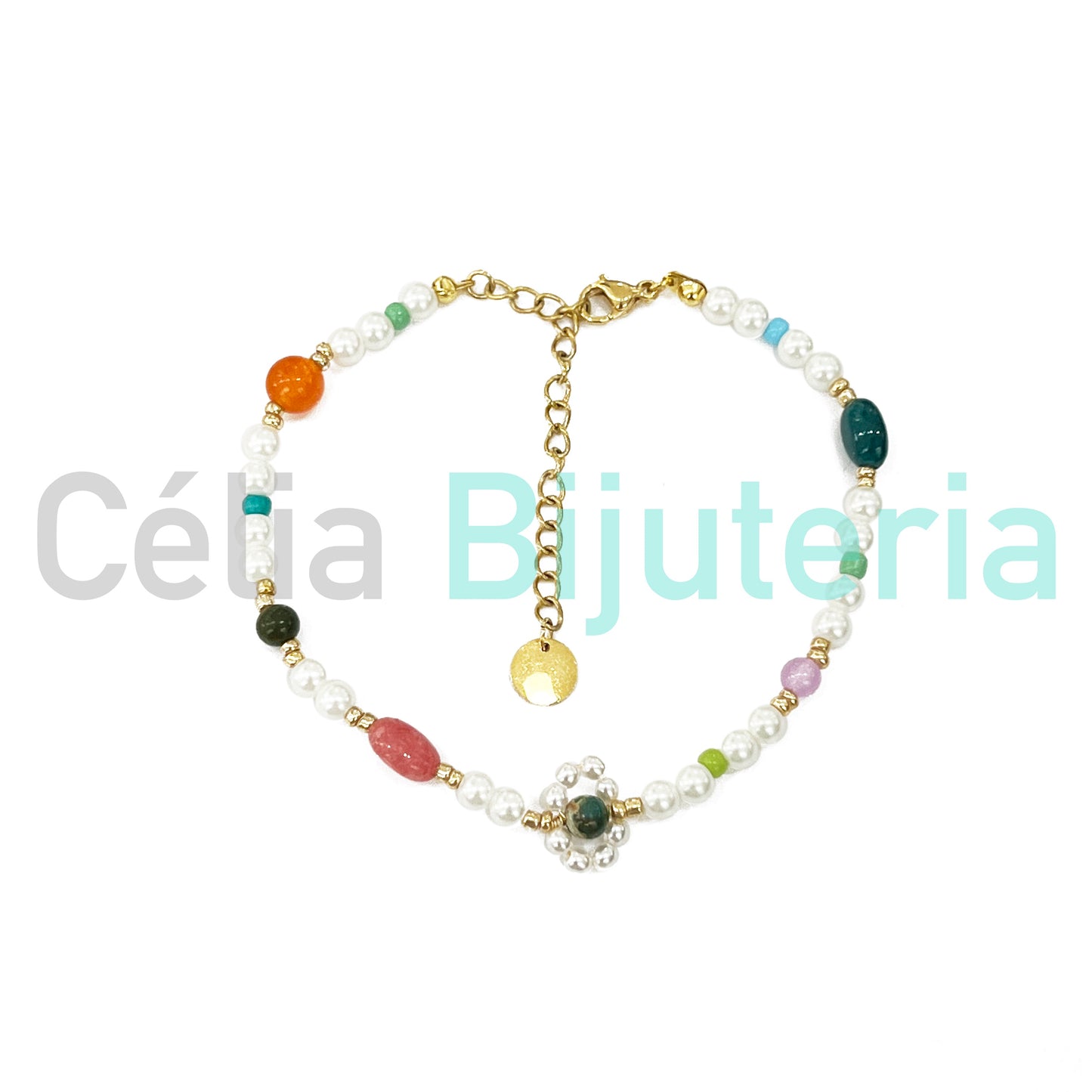 Colar / Pulseira de Aço com pérolas e pedras