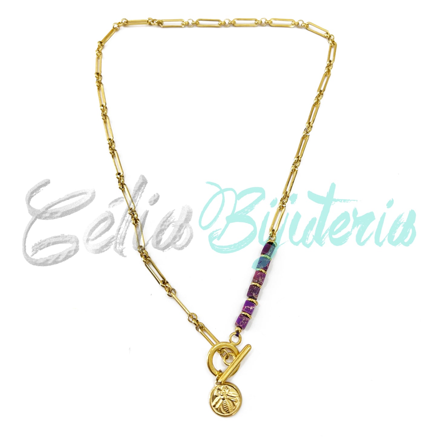 Colar de Aço com Pedras Naturais e Medalha de Insecto