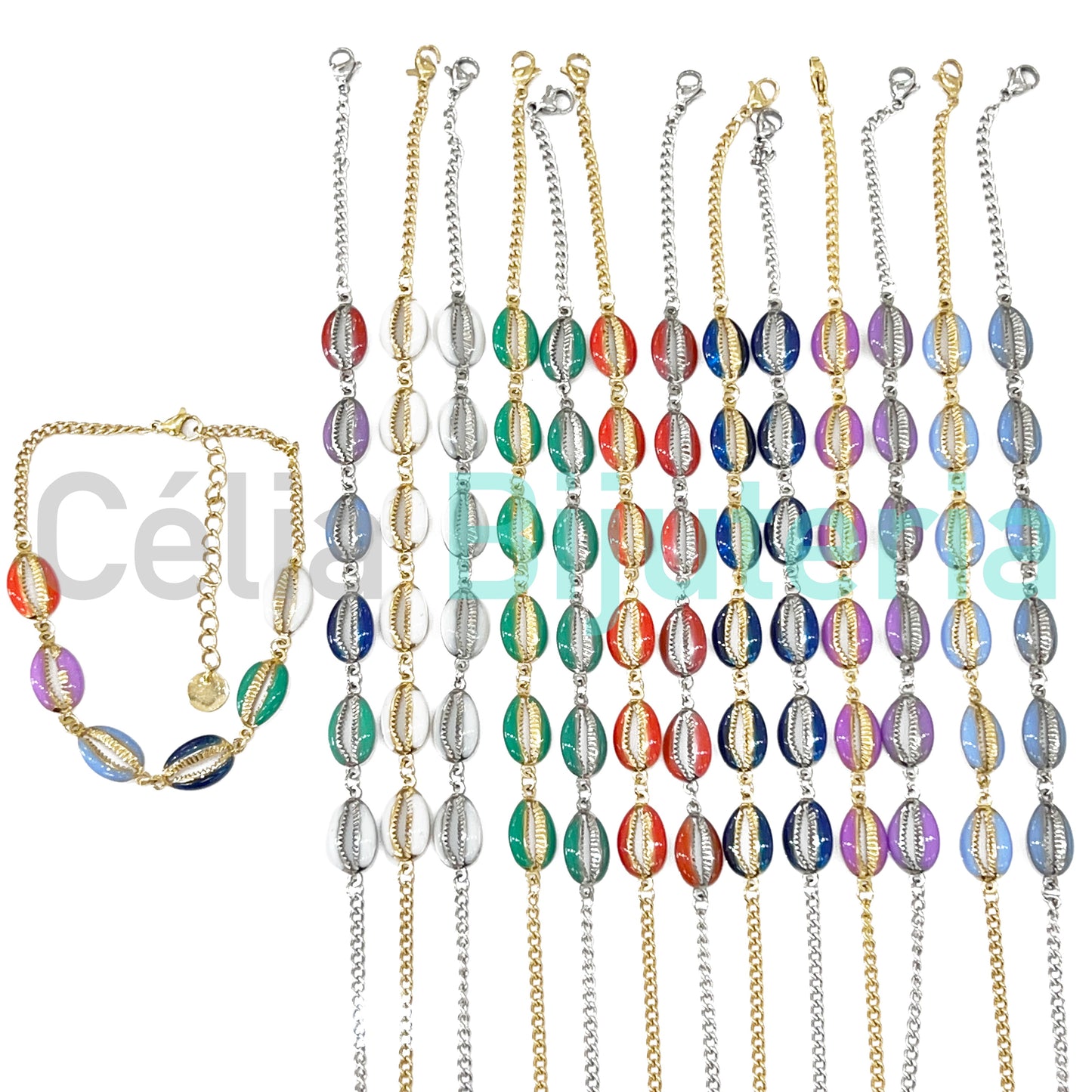 Colar / Tornozeleira / Pulseira de Aço - búzios coloridos