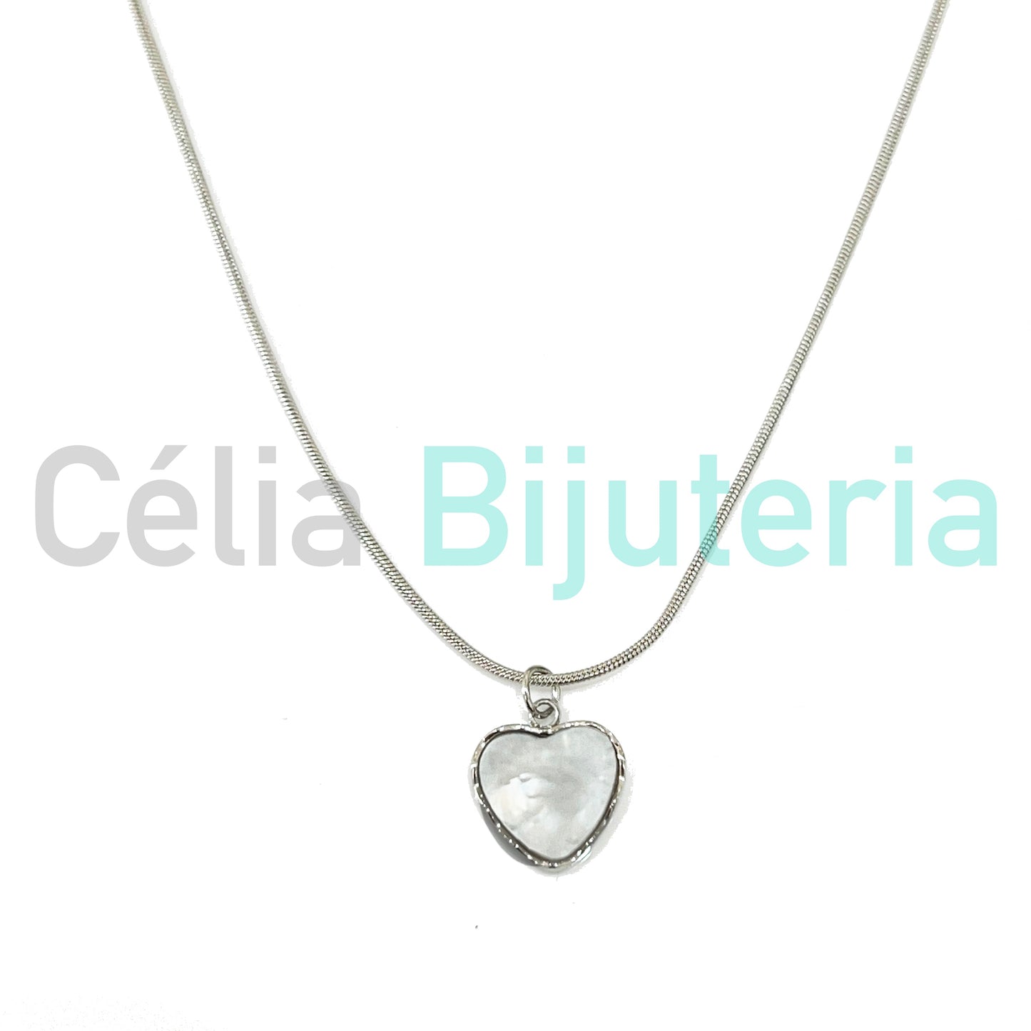 Steel Snake Chain Necklace with Mother-of-Pearl Heart Medal